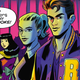 The comics version of Archie, Betty, and Veronica gape at their Riverdale TV counterparts at a school dance.